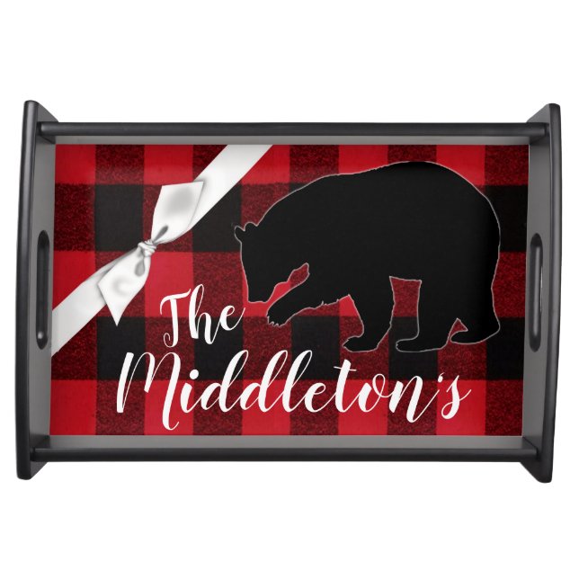 Personalized Serving Tray Red Buffalo Plaid Bear (Front)