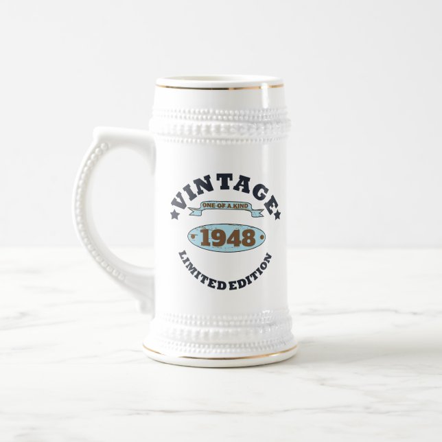 Personalized seventy five vintage 75th birthday beer stein (Left)