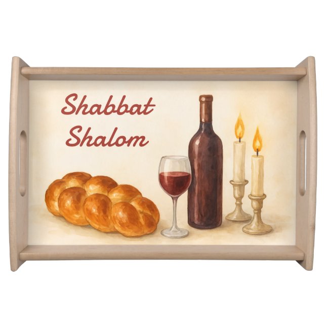 Personalized Shabbat Shalom Watercolor  Serving Tray (Front)
