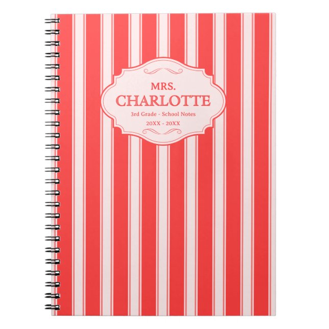 Personalized Shabby Chic Coral Pink Stripes Notebook (Front)