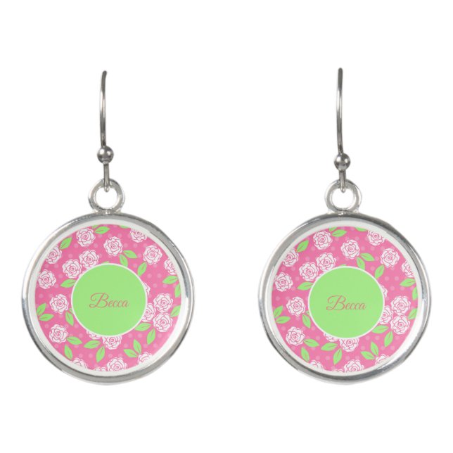 Personalized Shabby Chic Pink and Green Floral Earrings (Front)