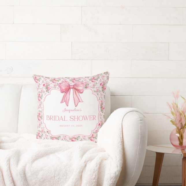 Personalized Shabby Chic Pink Bow Bridal Shower Throw Pillow (Couch)