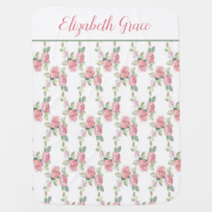 Personalized Shabby Chic Pink Rose Floral Baby Blanket