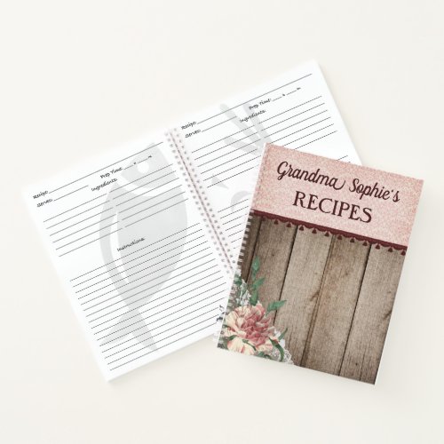 Personalized Shabby Chic Rustic Wood Floral Recipe Notebook