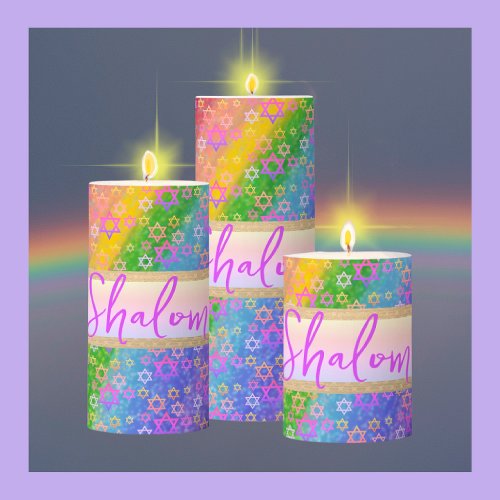 Personalized Shalom Rainbow Star of David Pillar Candle