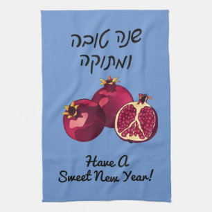 Personalized Shanah Tovah pomegranate Blue Kitchen Towel