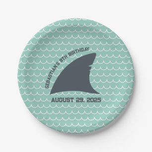 Personalized Shark Fin Plate   Aqua & White Wave