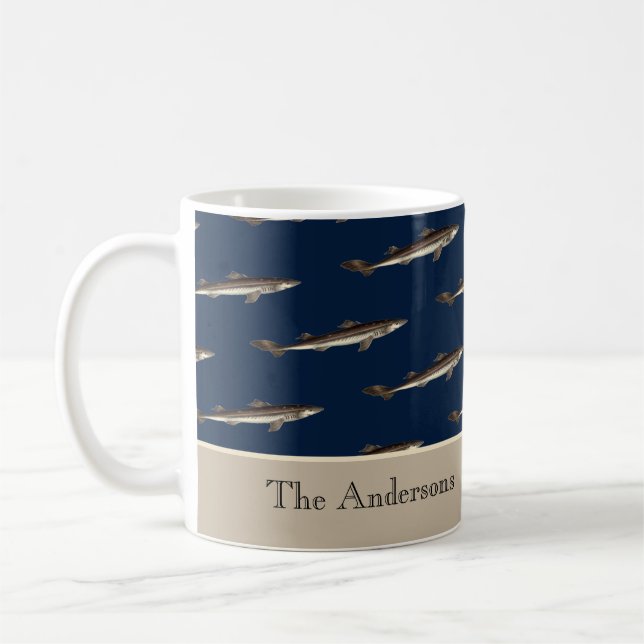 Personalized Shark  Navy Tan Sand Nautical Coffee Mug (Left)