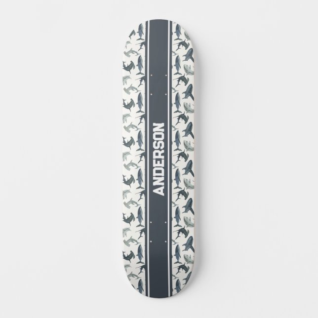 Personalized Shark Skateboard | Watercolor Sharks (Front)