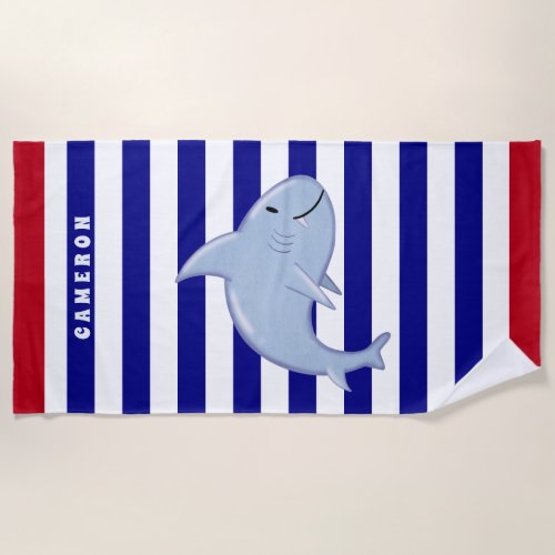 Personalized Shark White Blue Red Striped Kids Beach Towel