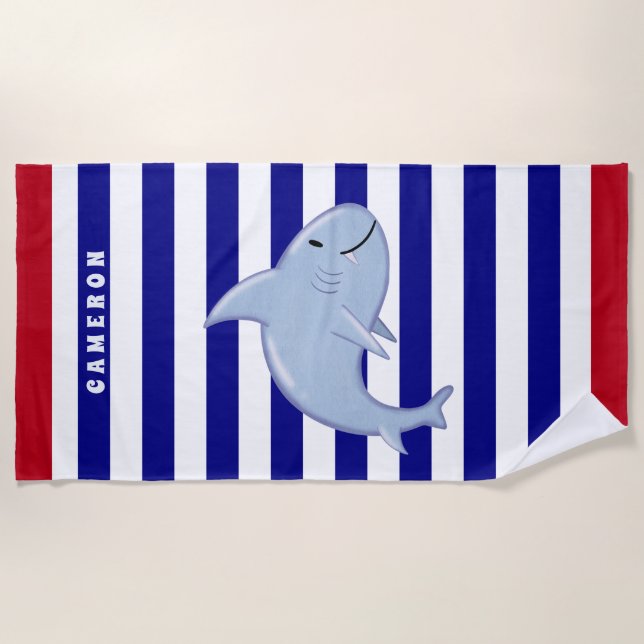 Personalized Shark White Blue Red Striped Kids Beach Towel (Front)