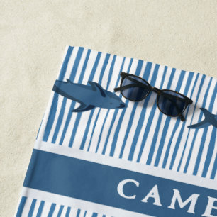 Personalized Shark White Blue Striped Kids Beach Towel