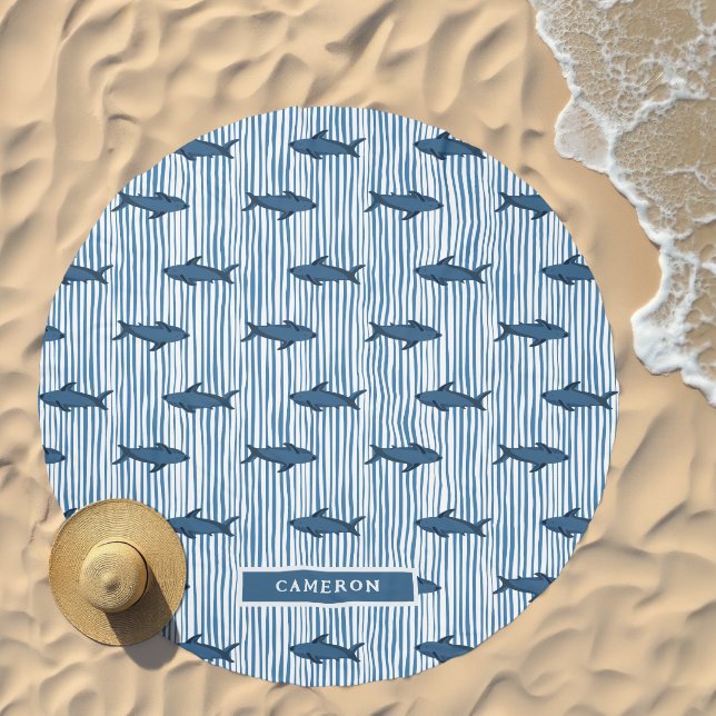 Personalized Shark White Blue Striped Kids Beach Towel (Beach)