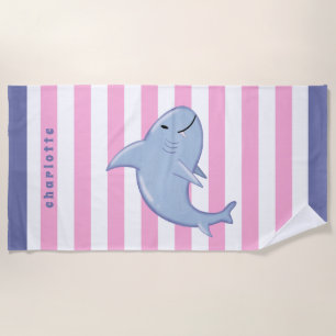 Personalized Shark White Pink Grey Striped Kids Beach Towel