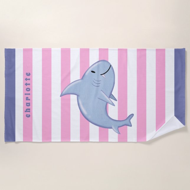 Personalized Shark White Pink Grey Striped Kids Beach Towel (Front)