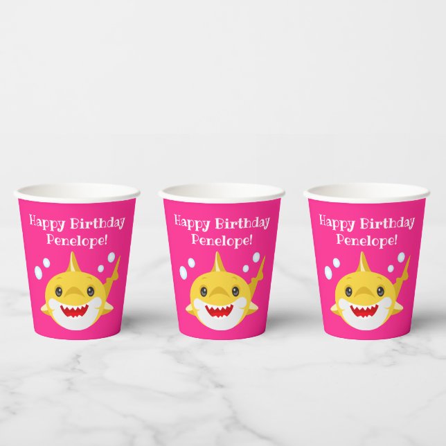 Personalized Sharks Pink Ocean Birthday Paper Cups (Multi)
