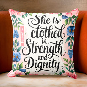 Personalized She Is Clothed in Strength Christian  Throw Pillow