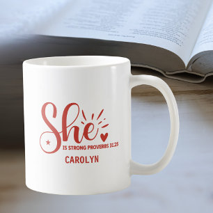 Personalized She is Strong Red Heart Proverb Woman Coffee Mug