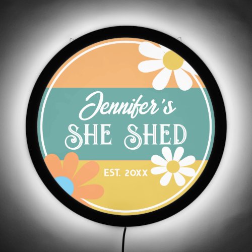 Personalized She Shed Retro Vintage Daisies LED Sign