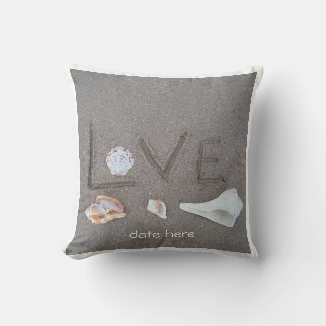 Personalized shells & 2 hearts on beach wedding throw pillow (Front)
