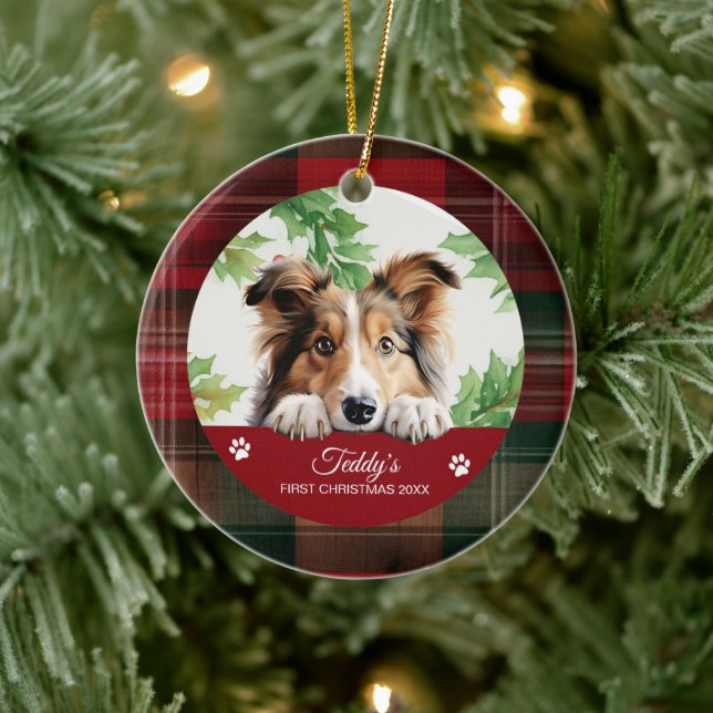 Personalized Shetland Sheepdog Christmas Ceramic Ornament (Tree)