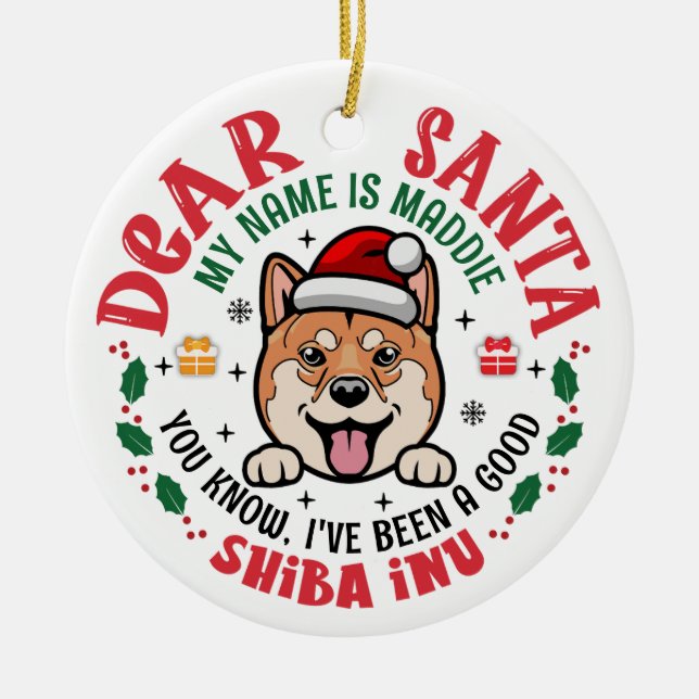 Personalized Shiba Inu Dog Christmas Tree Round Ceramic Ornament (Front)