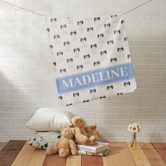 Personalized Shih Tzu (Black & White) Blue & White Baby Blanket (In Situ)