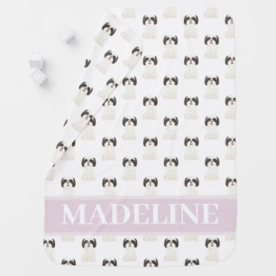Personalized Shih Tzu (Black & White) Pink & White Baby Blanket
