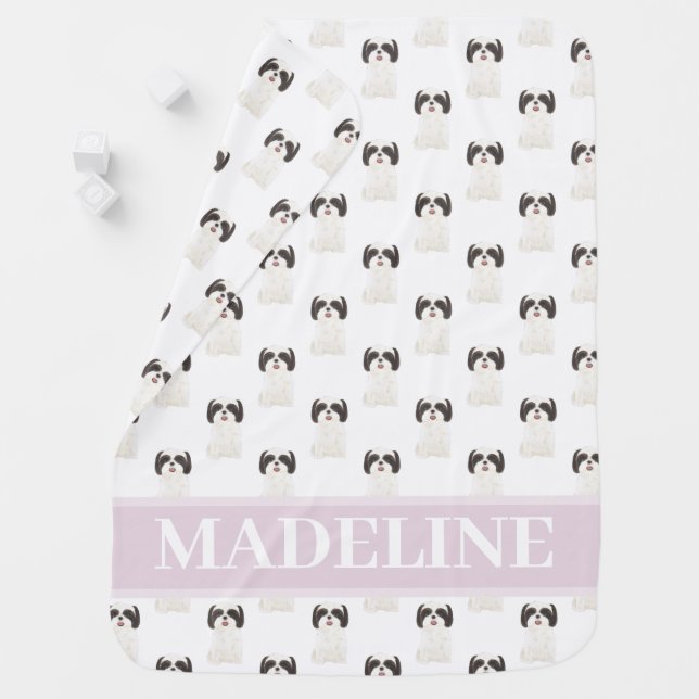 Personalized Shih Tzu (Black & White) Pink & White Baby Blanket (In Situ)