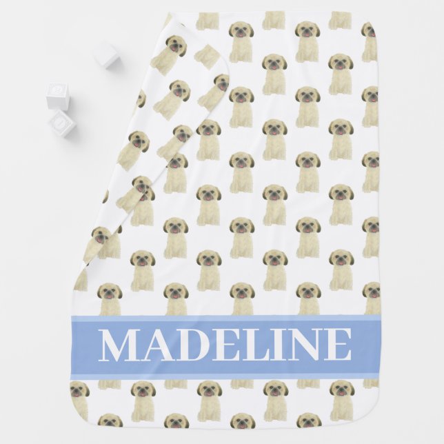 Personalized Shih Tzu (Blonde Tan Golden) Blue Baby Blanket (In Situ)