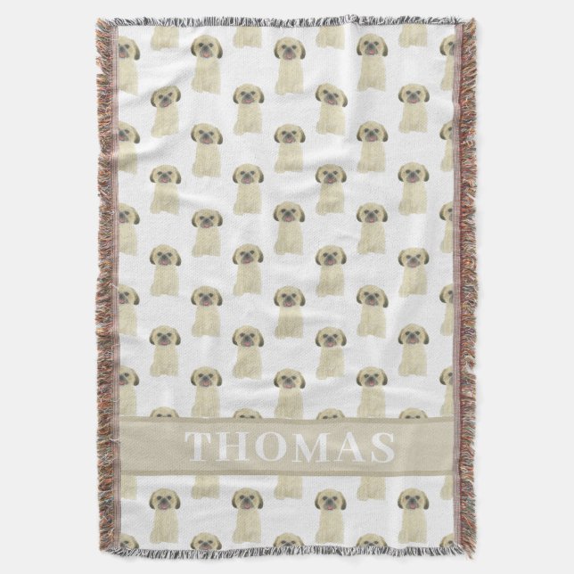 Personalized Shih Tzu (Blonde Tan Golden) Tan Throw Blanket (Front Vertical)