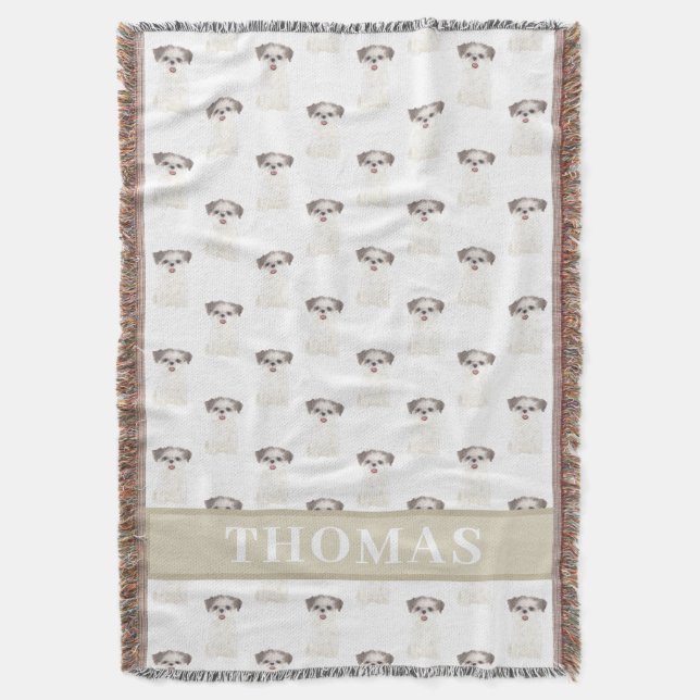 Personalized Shih Tzu (Brown & White) Tan & White Throw Blanket (Front Vertical)