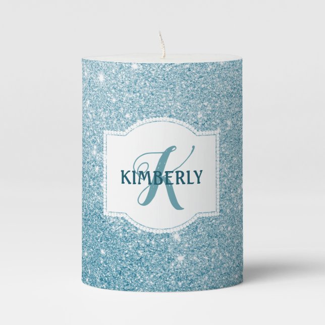 Personalized Shimmering Blue Glitter Pillar Candle (Front)