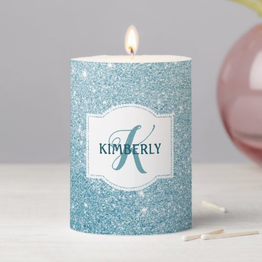 Personalized Shimmering Blue Glitter Pillar Candle Zazzle