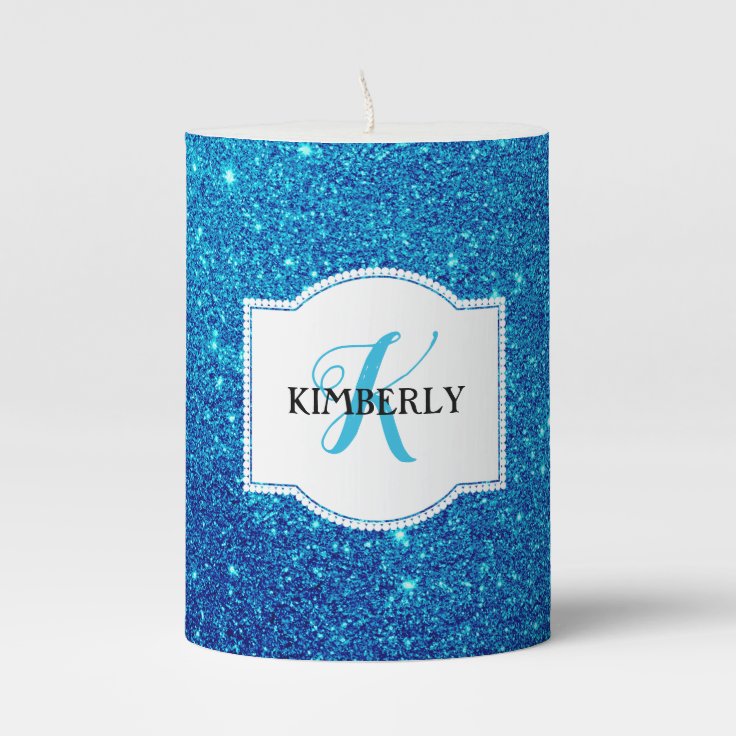 Personalized Shimmering Blue Glitter Pillar Candle Zazzle