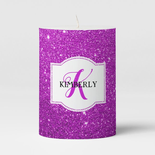 Personalized Shimmering Purple Glitter Pillar Candle (Front)
