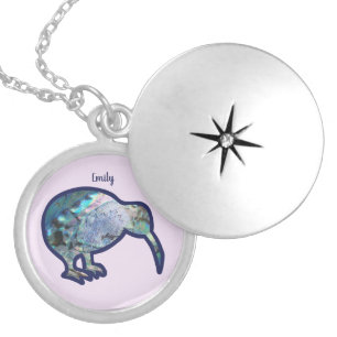 Personalized Shiny Pāua Kiwi Bird Locket Necklace