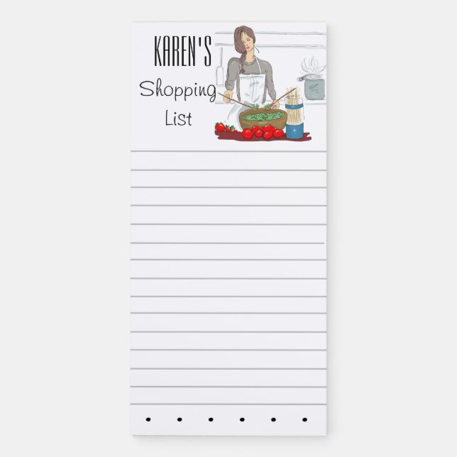 Personalized Shopping List Girl in Kitchen Sketch Magnetic Notepad (Front)
