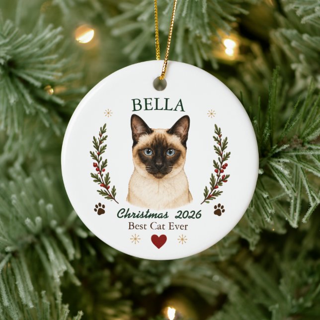 Personalized Siamese Cat Christmas Ceramic Ornament (Tree)