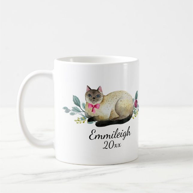 Personalized Siamese Cat Purple Floral White Coffee Mug (Left)