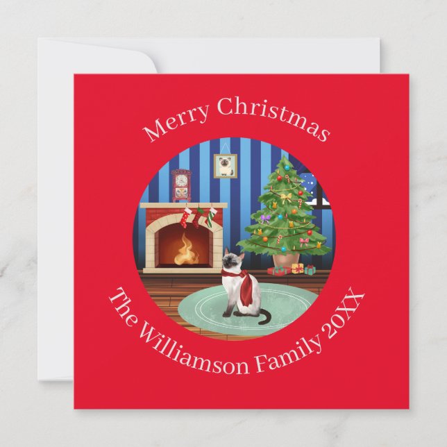 Personalized Siamese Kitty Cat Christmas Holiday Card (Front)