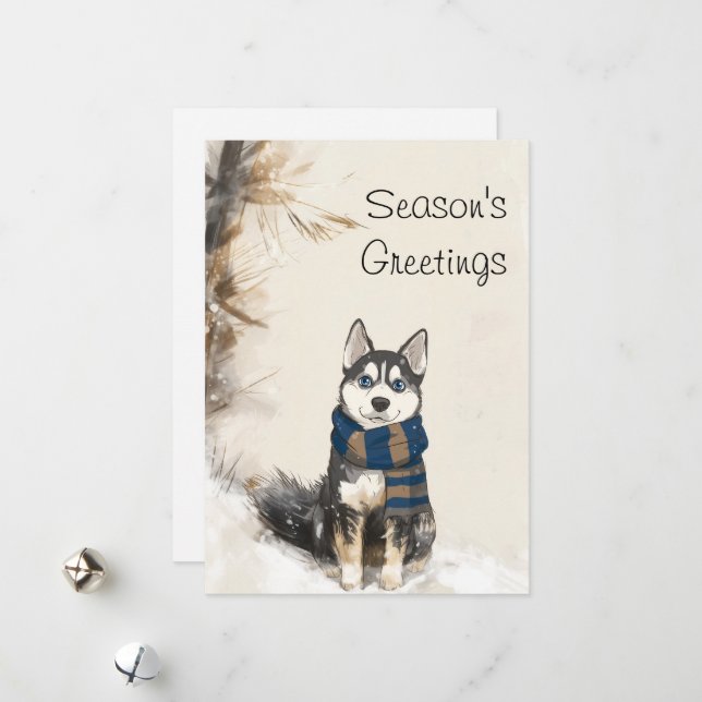 Personalized Siberian Husky Wearing a Scarf Holiday Card (Front/Back In Situ)