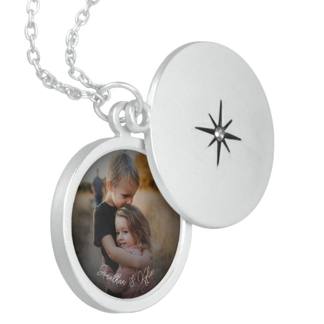 Personalized Siblings Photo Script Handwriting  Locket Necklace (Front Left)