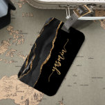 Personalized Signature Black Gold Agate Luggage Tag<br><div class="desc">Personalize this elegant modern design with your name in vertical gold-colored signature handwriting script on a black background with a border of black watercolor agate trimmed with gold faux glitter. (To keep the swashes at the beginning and end of the name, replace only the letters, leaving the symbols in place.)...</div>