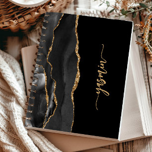 Personalized Signature Black Gold Agate Notebook