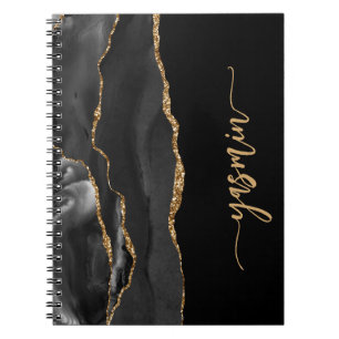 Personalized Signature Black Gold Agate Notebook