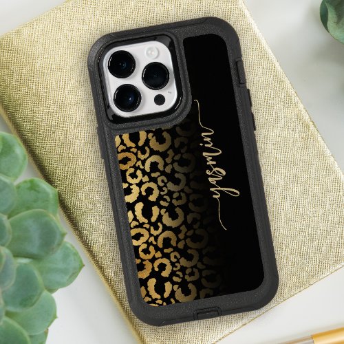 Personalized Signature Black Gold Leopard Spots OtterBox iPhone 14 Pro Max Case