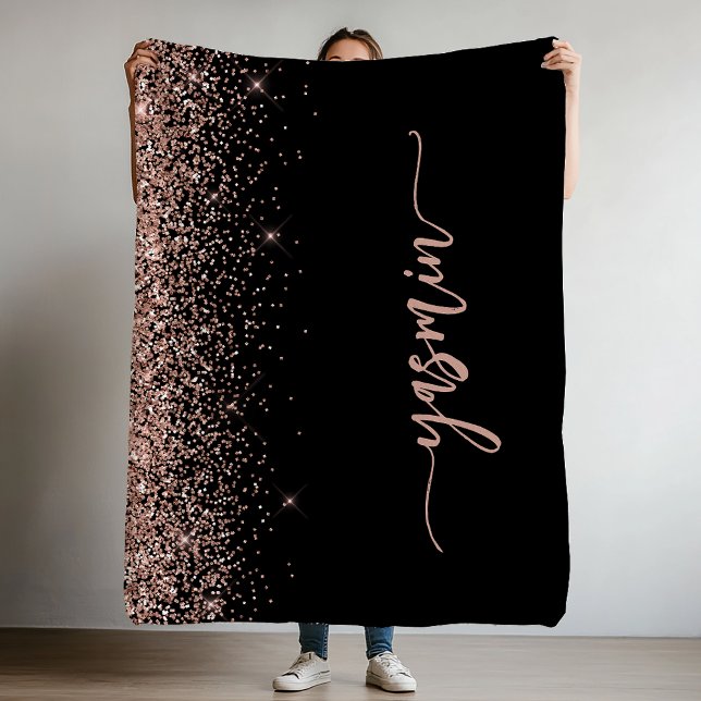 Personalized Signature Black Rose Gold Glitter Fleece Blanket (Creator Uploaded)