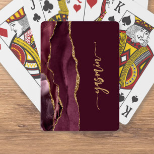 Personalized Signature Burgundy Gold Agate Poker Cards