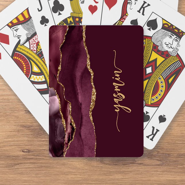 Personalized Signature Burgundy Gold Agate Poker Cards (Creator Uploaded)